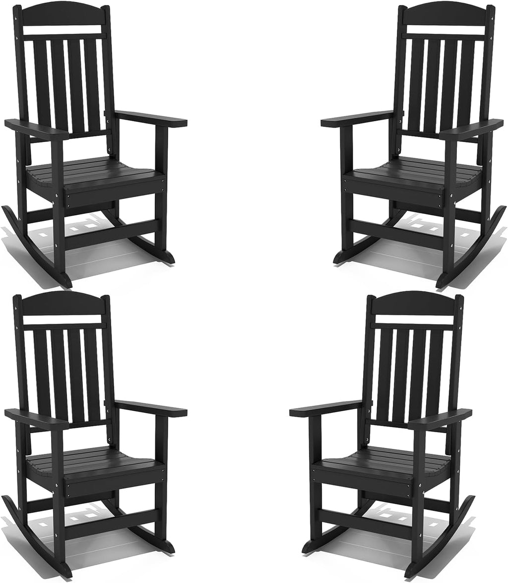 NAVINE Outdoor Rocking Chairs Set of 4, Oversized High Back Patio Rocking Chairs, All Weather Porch Rocking Chairs for Outside. Black