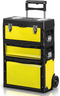 Auto Dynasty 3-Tier Stackable Tool Box, 19.5 Inch 3-in-1 Rolling Tool Box with Wheels, Portable Steel and Plastic Rolling Upright Trolley Toolbox Organizer for Garage Workshop, 3-Piece Set, Yellow