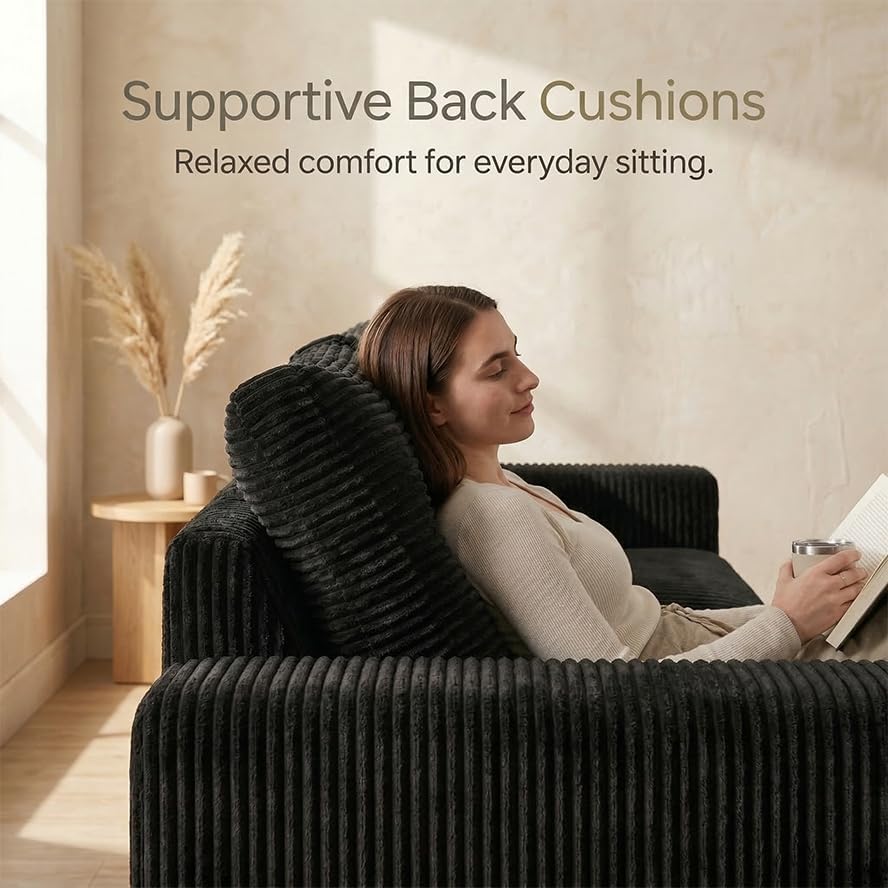 85' Corduroy 3 Seater Sofa in a Box, High-Density Foam Couch, No Assembly Compressed Deep Seat Sofa for Living Room, Bedroom, Apartment, Black | No Assembly Required, Soft Corduroy, HD Foam Comfort, Deep Seat Comfort, Sofa in a Box Setup