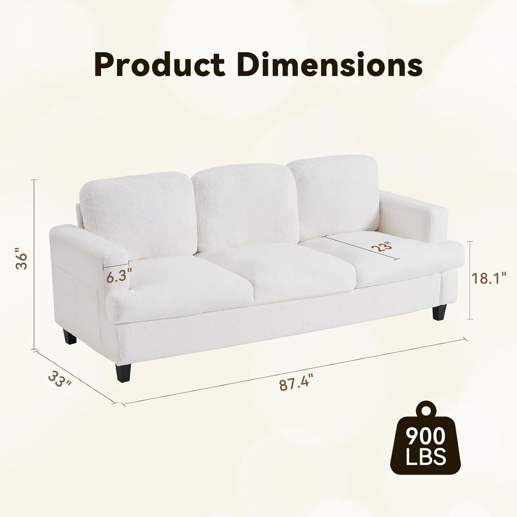 88' Cloud Couch Lamb Fleece Beige Couch 3 Seat Living Room Furniture with Side Pocket and Wide Armrest for Living Room, Bedroom, Office