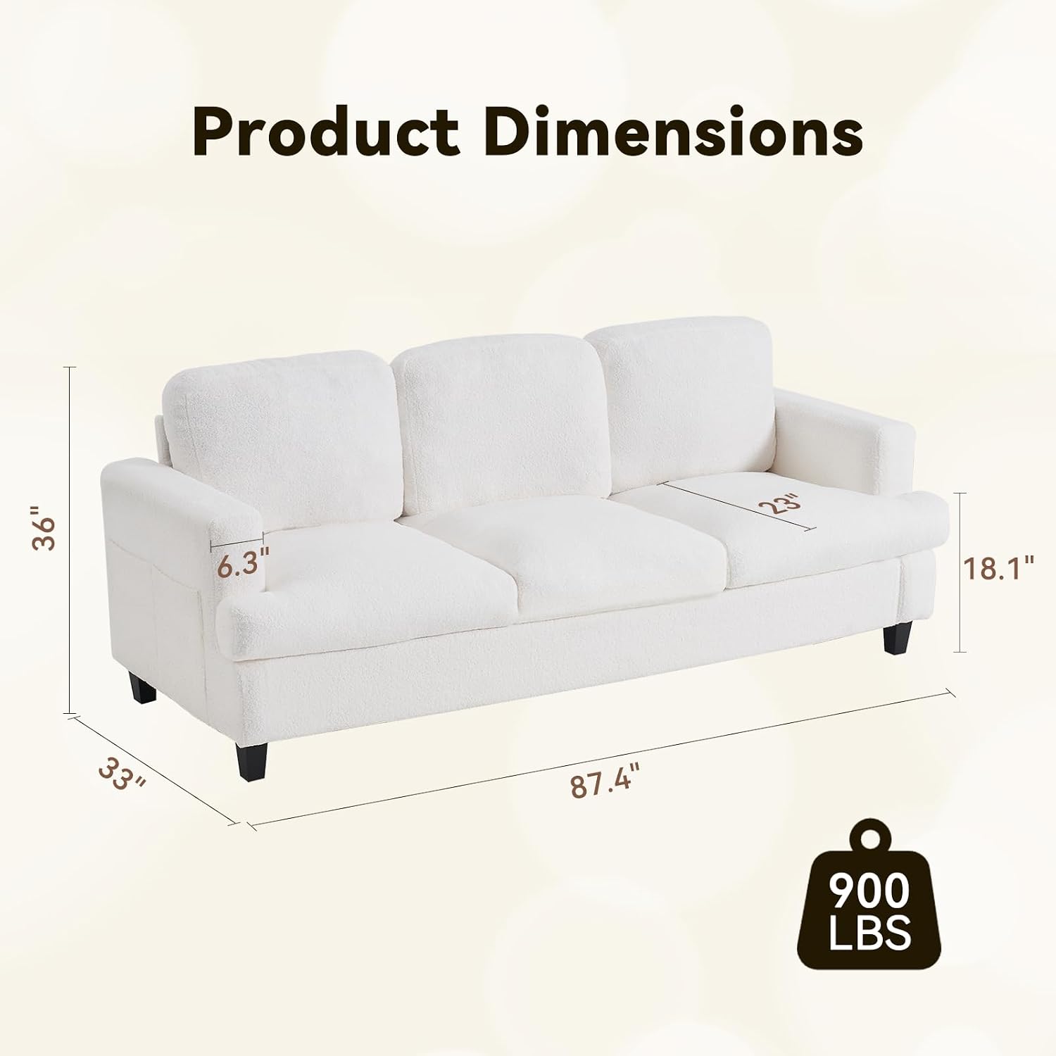 88' Cloud Couch Lamb Fleece Beige Couch 3 Seat Living Room Furniture with Side Pocket and Wide Armrest for Living Room, Bedroom, Office