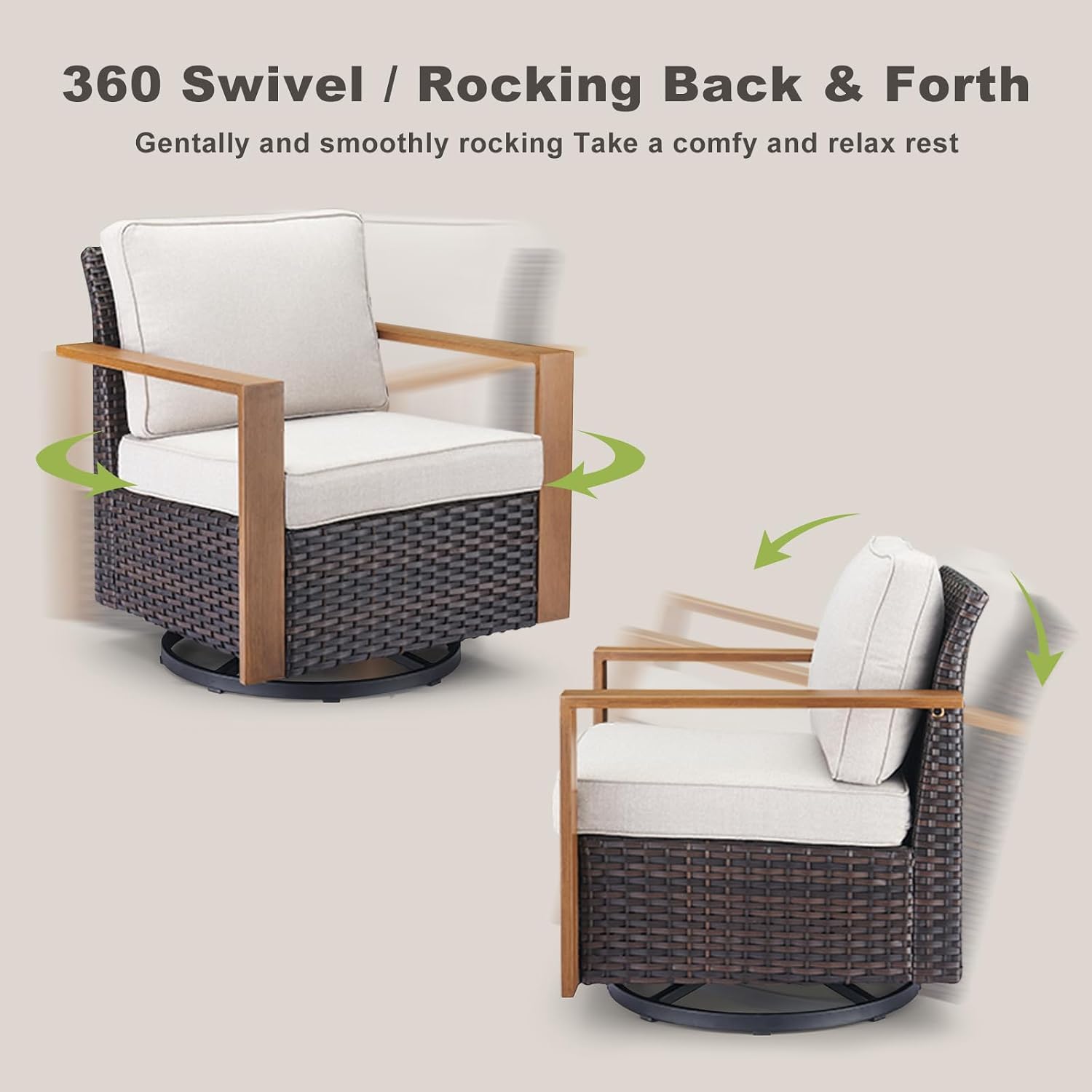 Rilyson Outdoor Patio Swivel Rocker Chairs - Wicker Rattan Patio Swivel Rocking Chairs Set of 2 with Metal Wide Armrest, Thick Cushions and Deep Seating for Deck Porch Sunroom Garden(Brown/Beige)