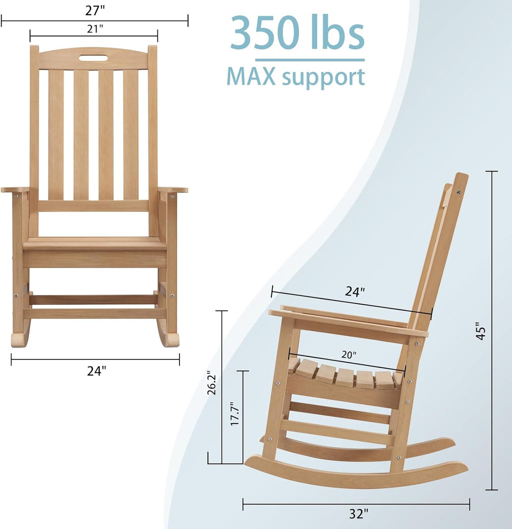 Psilvam Oversized Outdoor Rocking Chair Set of 2, Porch Rocker with 21' Wide Seat and 32' Tall Backrest, Pre-Assembled with Most Components for Effortless Installation (Teak Color)