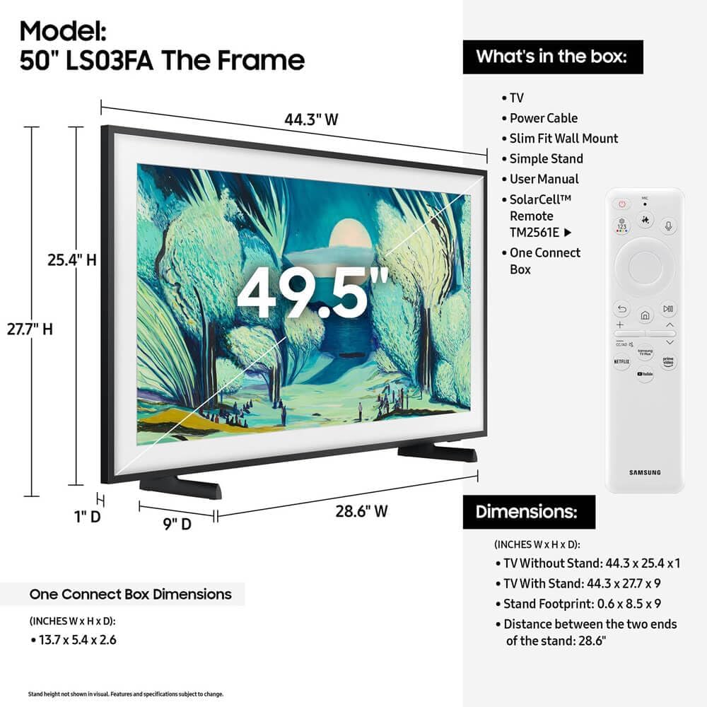 Samsung QN50LS03FAF 49.5 inch Class The Frame LS03FAF Series QLED 4K HDR Vision AI Smart TV