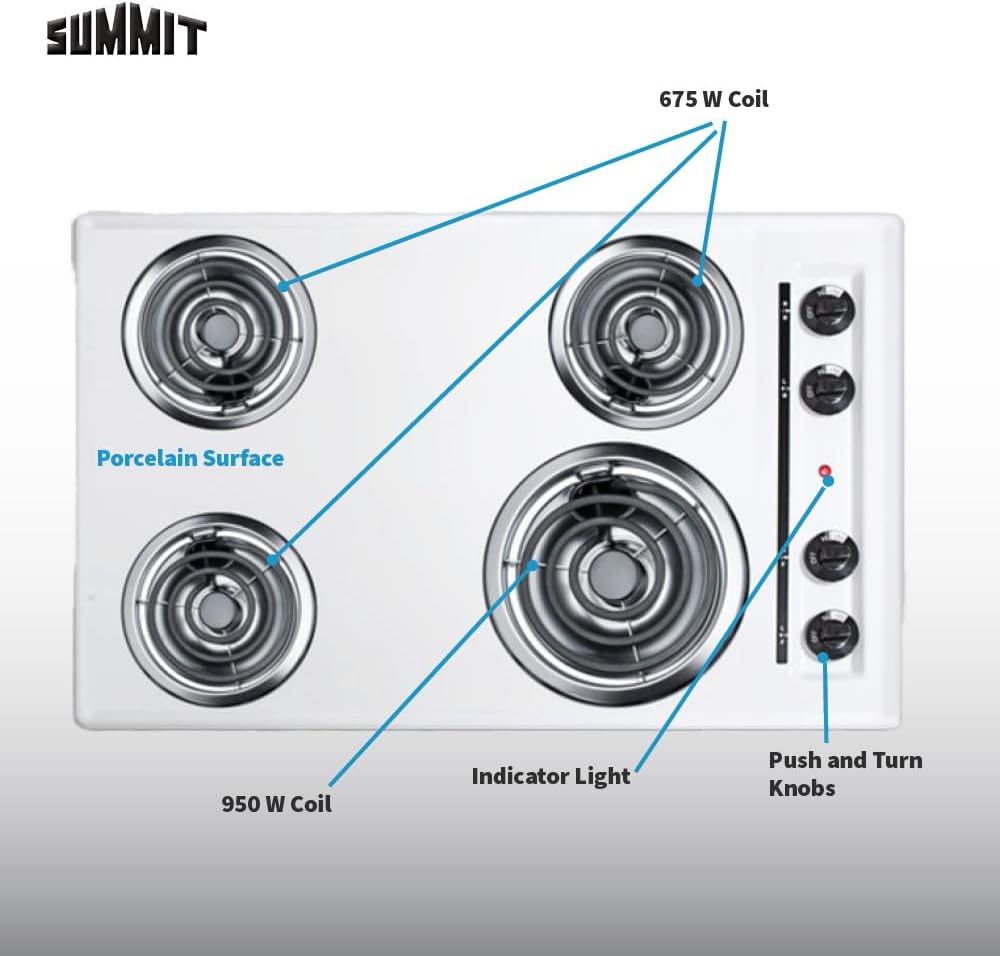 Summit 30' 4 Burner Electric Cooktop. 230 Volt Coil Electric Cooktop, White- WEL05