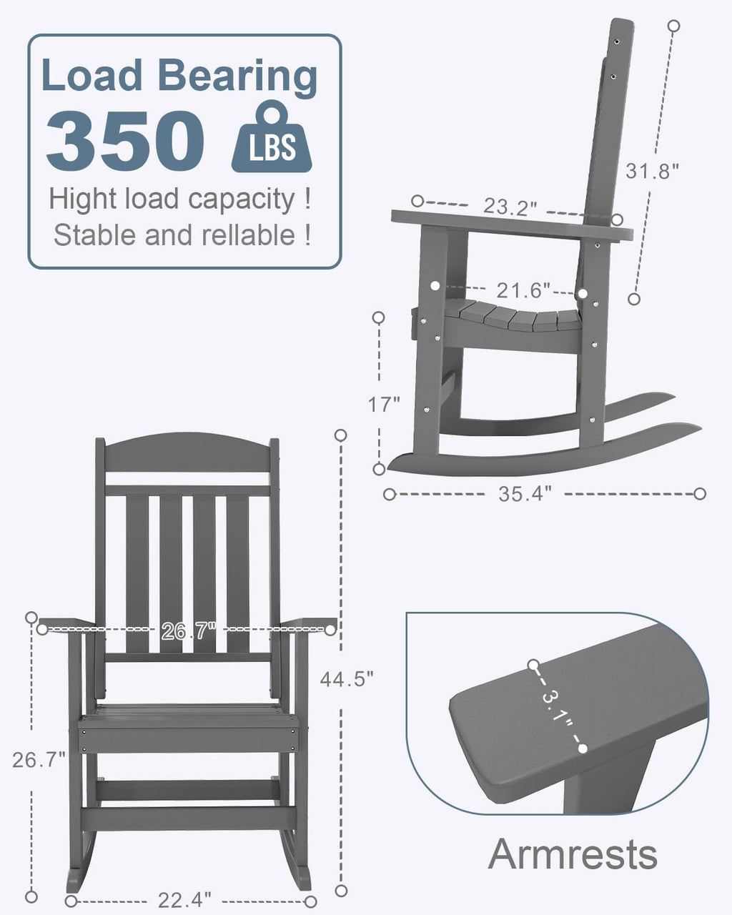 NAVINE Outdoor Rocking Chairs, Oversized High Back Patio Rocking Chairs, All Weather Porch Rocking Chairs for Outside. Dark Grey