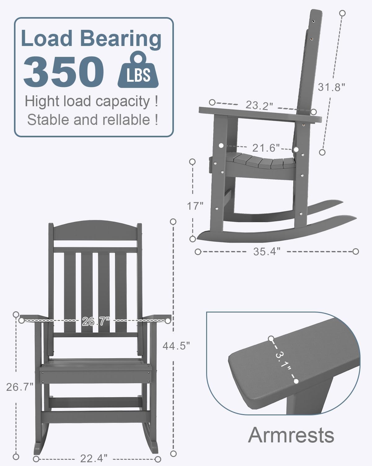 NAVINE Outdoor Rocking Chairs, Oversized High Back Patio Rocking Chairs, All Weather Porch Rocking Chairs for Outside. Dark Grey