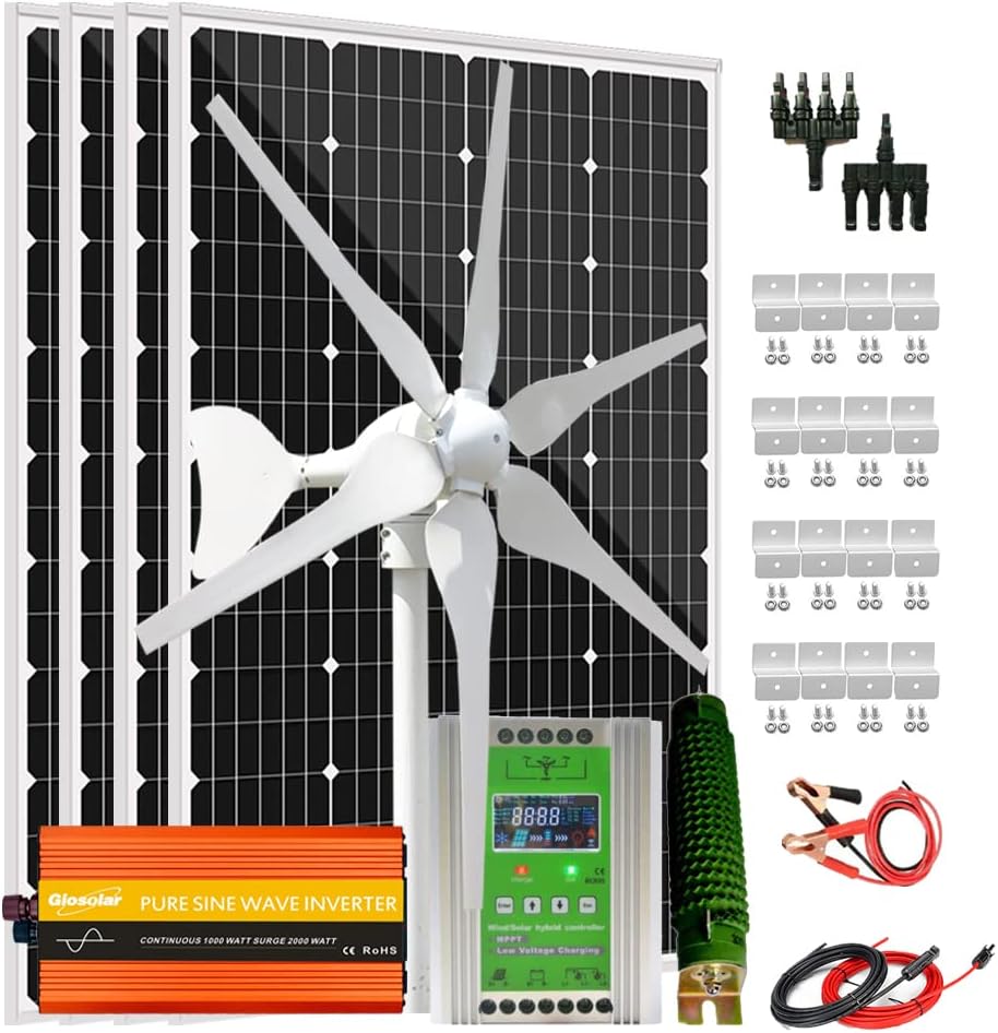 880W Solar Panel Wind Turbine Generator Kit 12V/24V: 4pcs 120W Monocrystalline Solar Panel,400W Wind Turbine Generator,Hybrid MPPT Charge Controller & 3000W Inverter & Brackets