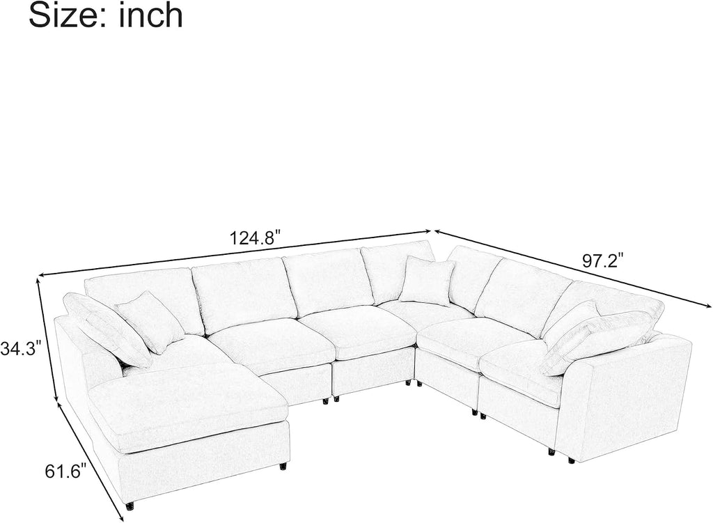 124.8' W Modular Sectional Sofa L Shaped Modern Couch with Ottoman, Deep Seat and Wide Chaise for Living Room, Gray