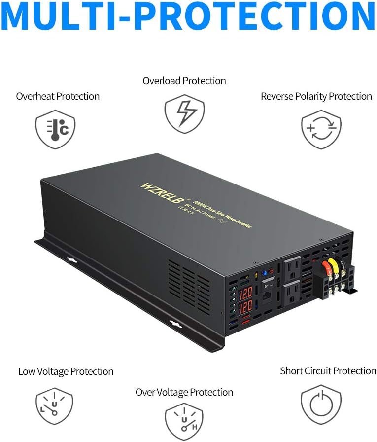 WZRELB 5000W 12VDC 120VAC Pure Sine Wave Power Inverter, 2 AC Outlets, Wired Remote Control, RV (RBP-500012WR)