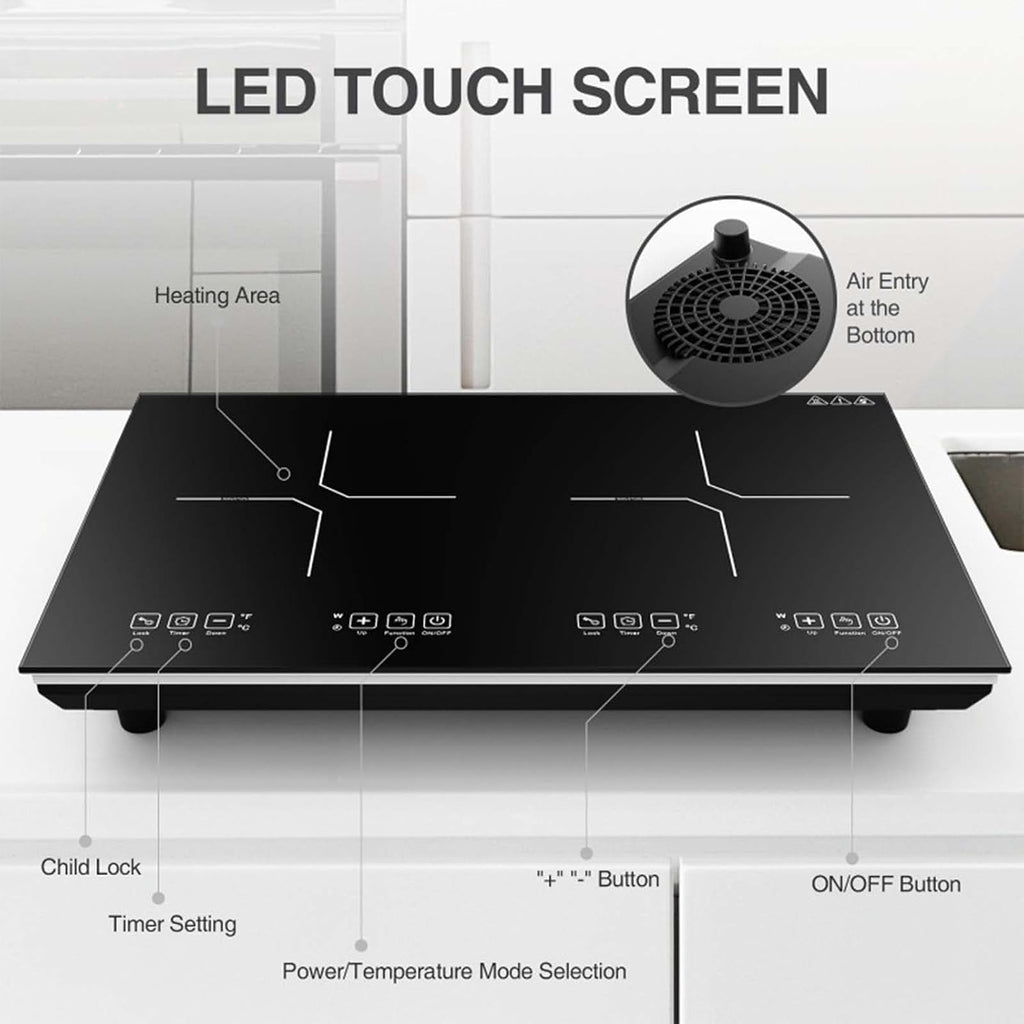 Portable Induction Cooktop with 2 Burners, 400W-2000W Power Settings, Touch Controls, Child Safety Lock and Timer, for Kitchen/Dining