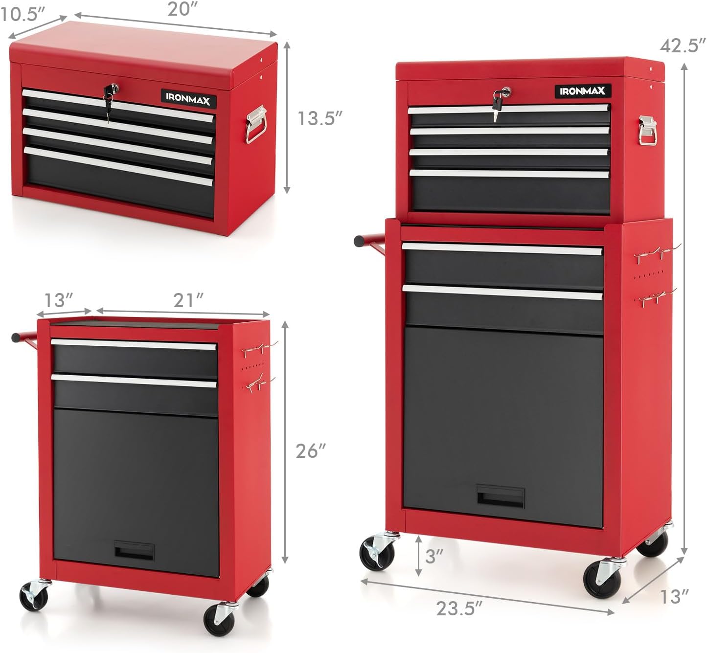 ERGOMASTER Rolling Tool Chest Cabinet Big Capacity Storage with Wheels and Lock Key, Portable Tool-Box Organizer with Sliding Drawers - 6 Drawers & BlackRed