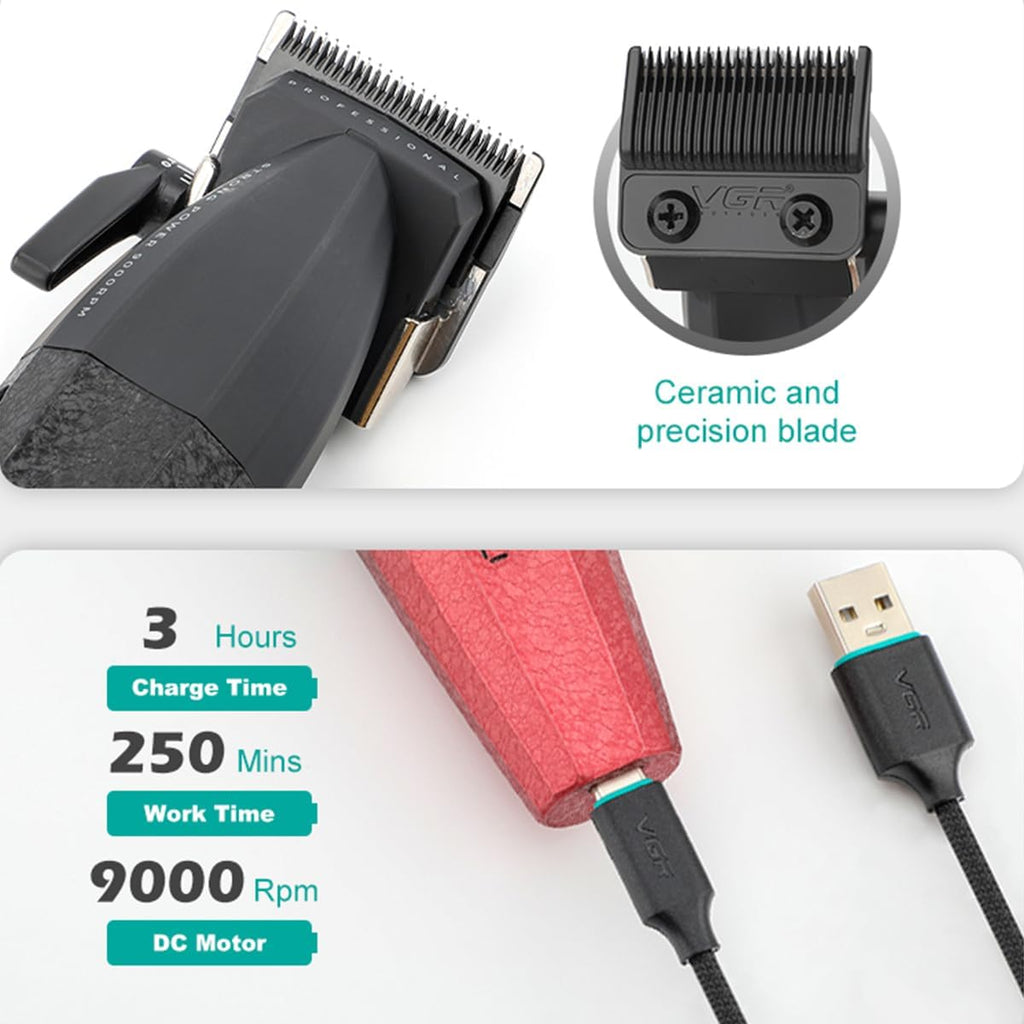 VGR Hair Clippers for Men Professional Barber Clippers and Trimmers Set, Triple Floating Blade Foil Shaver, Cordless 9000 RPM Motor Hair Cutting Kit with LED Display, V-640 & V-378 (Red)