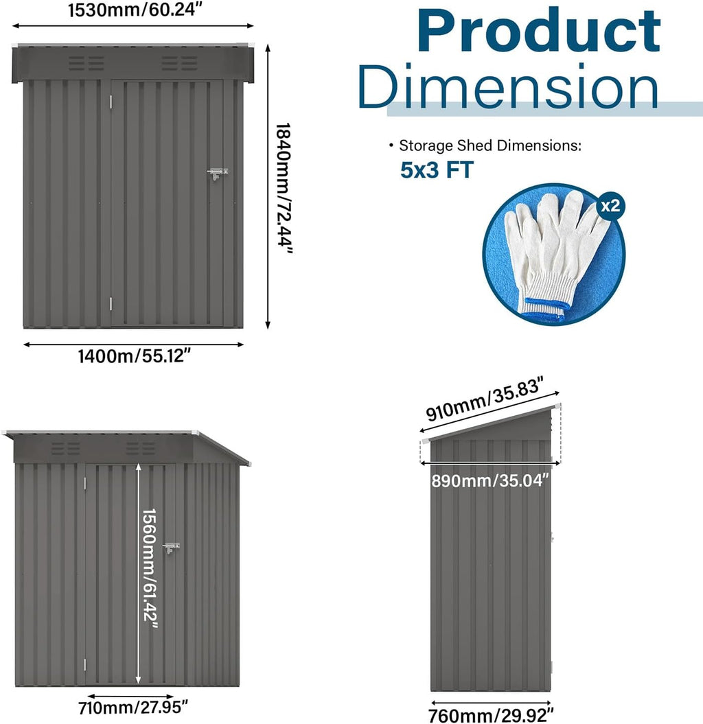 Outdoor Storage Shed 5 x 3 FT Metal Tool Shed with Pitched Roof, Compact Metal Garden Shed Anti-Corrosion Storage House with Lockable Door for Backyard, Patio, Sundries, Gray (Pitched roof)