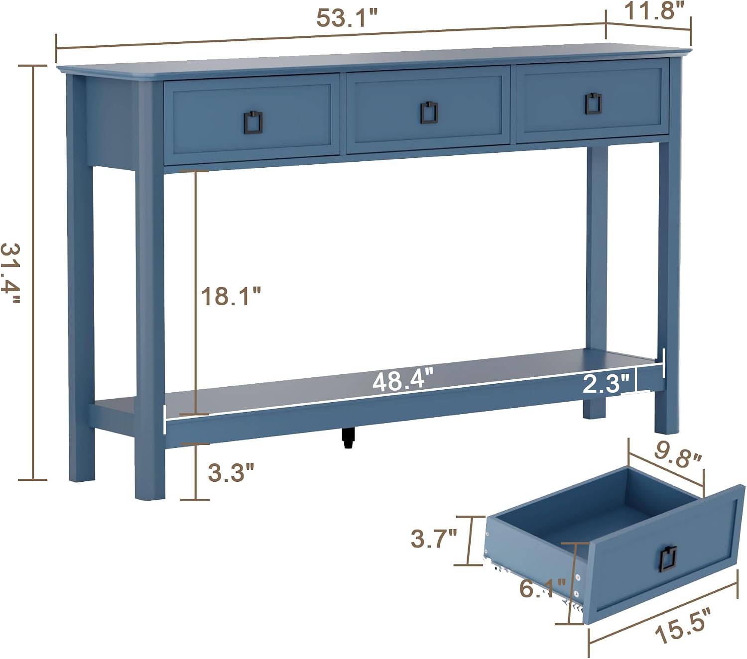 Treocho 53.1' Console Table with 3 Drawers, Modern Entryway Table, 2-Tier Narrow Long Sofa Table Behind Couch Table for Living Room, Hallway, Blue