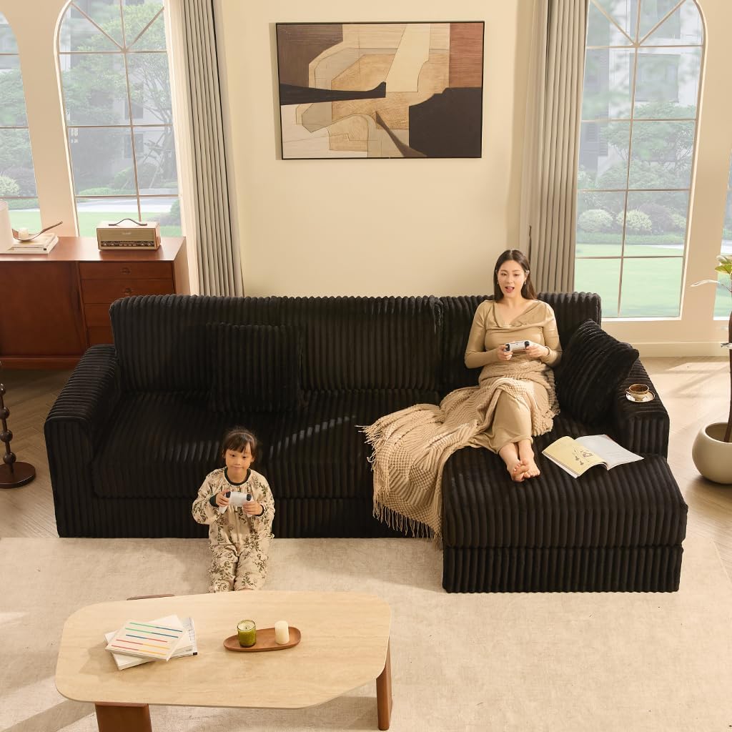 Cloud Couch 113' L-Shaped Couch (Not Boneless), 3-Seater Modular Sectional Couch, Queen Sofa with Corduroy Upholstery, Deep Seats, High Backrest & Pocket Spring Cushions, Right Facing Chaise, Black
