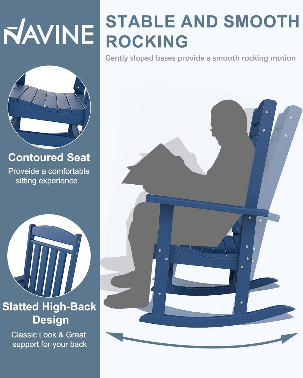 NAVINE 3-Piece Outdoor Rocking Chair Set, Oversized Porch Rocking Chair Set of 2 with Side Table, HDPE High Back Patio Rocking Chair, Suitable for Patio, Porch, Backyard, Navy Blue
