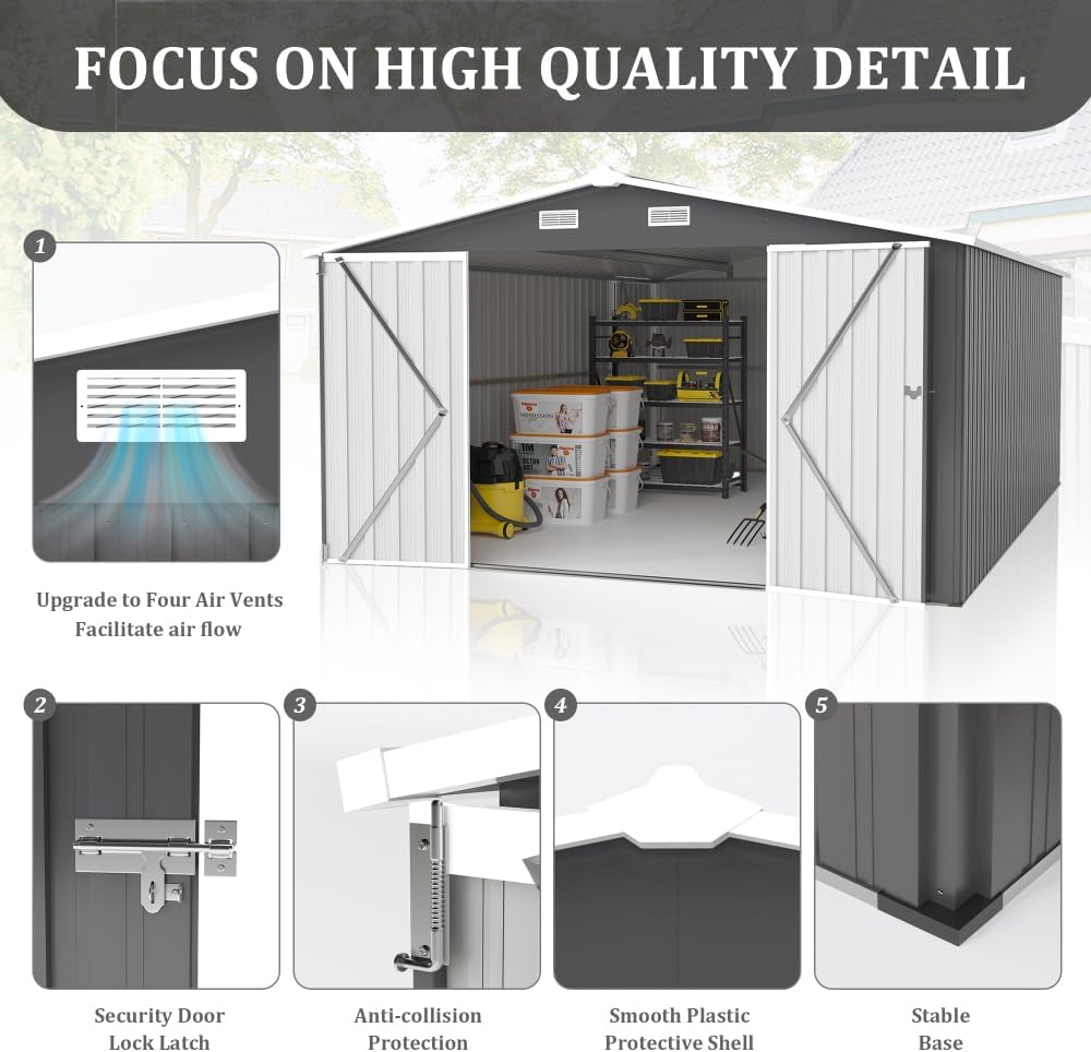 10x14FT Metal Garden Shed - Lockable Outdoor Storage Shed, Heavy-Duty Storage Sheds for Backyard Patio, Sheds & Outdoor Storage (Dark Gray)
