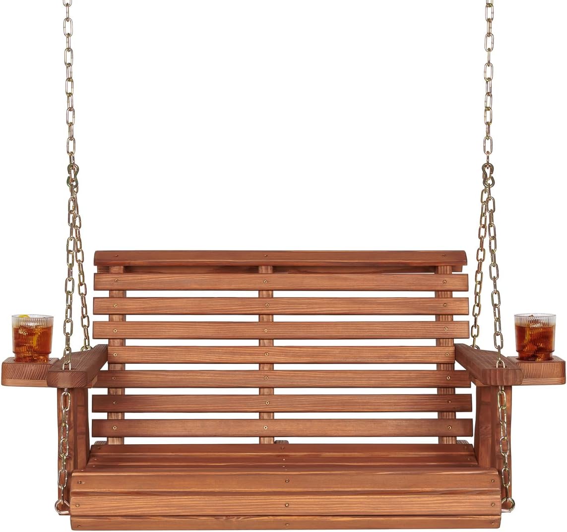 Amish Casual Heavy Duty 700 Lb Capacity Porch Swing with Cupholders (3 Foot, Cedar Stain) – Wooden Outdoor Roll Back Swing with Hanging Chains – Amish Made in the USA