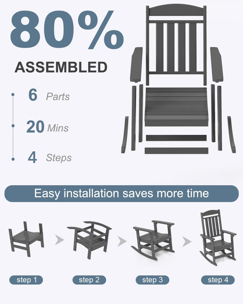 NAVINE Outdoor Rocking Chairs, Oversized High Back Patio Rocking Chairs, All Weather Porch Rocking Chairs for Outside. Dark Grey