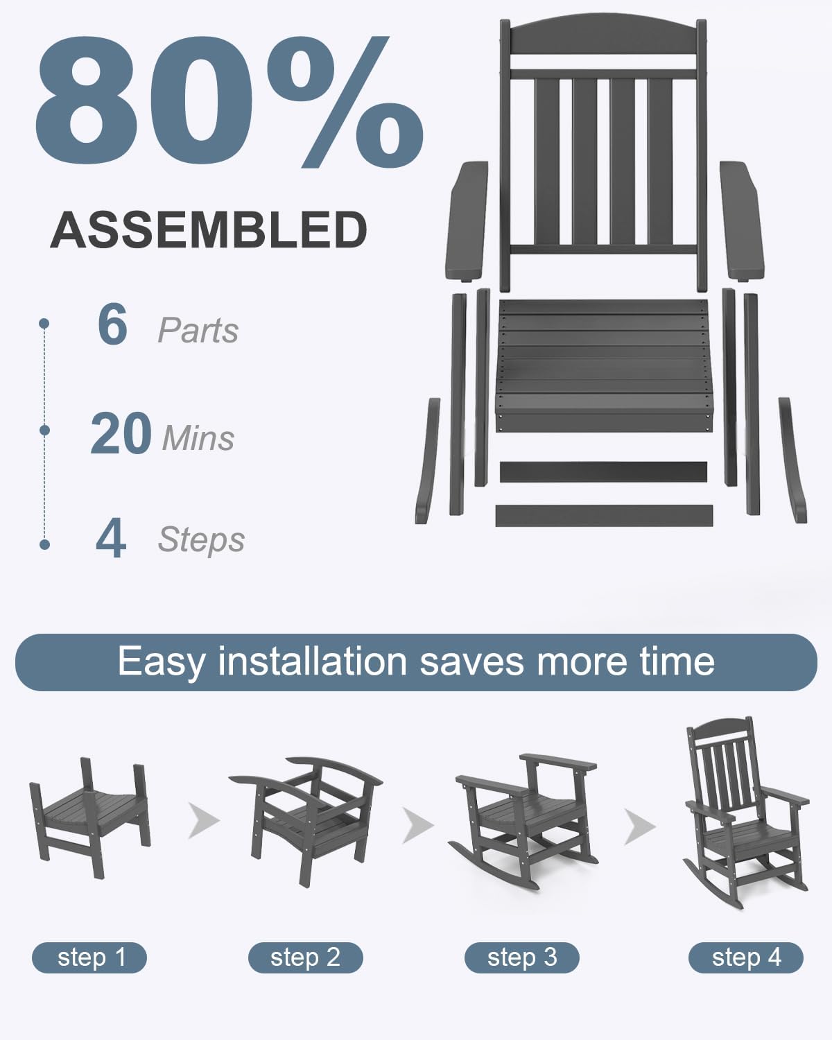 NAVINE Outdoor Rocking Chairs, Oversized High Back Patio Rocking Chairs, All Weather Porch Rocking Chairs for Outside. Dark Grey