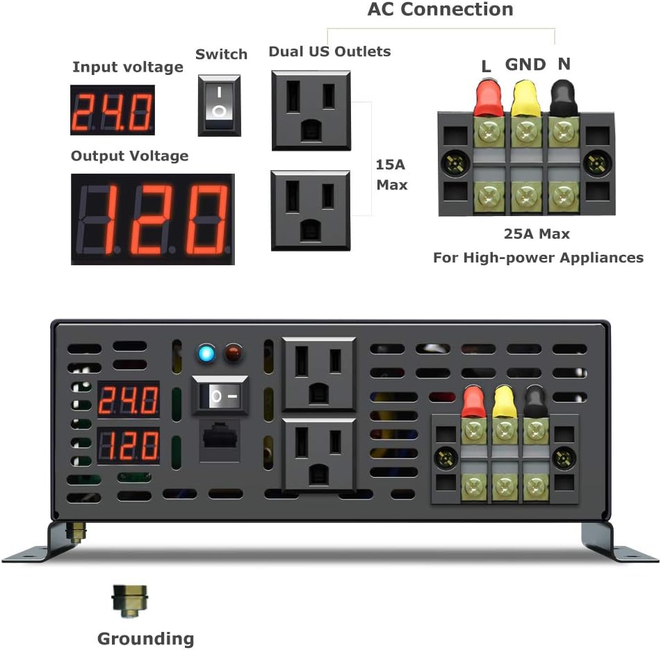WZRELB 5000W 24VDC 120VAC Pure Sine Wave Power Inverter, 2 AC Outlets, Wired Remote Control, RV (RBP-500024WR)