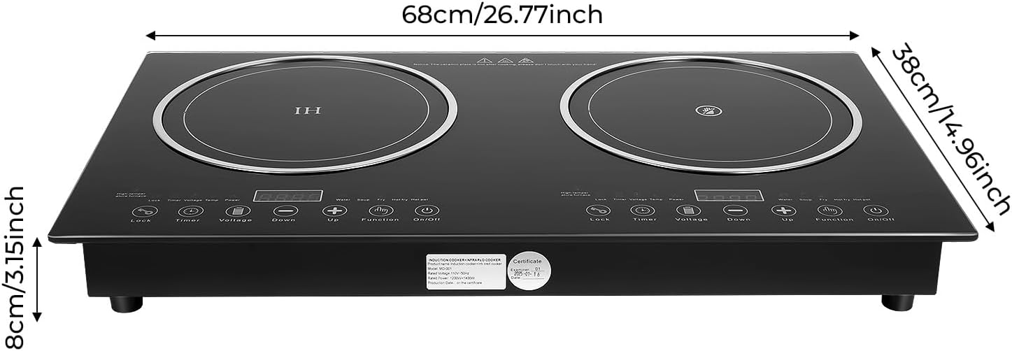 Built in Electric Stove Top,Induction Cooktop,Portable 1200W Induction Cooker 2 Burner Independent Touch Control,Ceramic Electric Stove with 8 Temperature,Power Level (2 Burners,1200W)