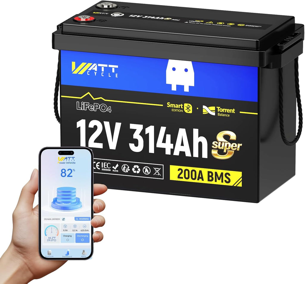 Wattcycle 12V 314Ah Mini LiFePO4 Battery, 12V Super Mini Lithium Batterys with Bluetooth, Built-in 200A BMS, 3A Active Balancer, 4-in-1 Smart Switch, 4.01kWh 6000+ Deep Cycles Battery for RV, Solar