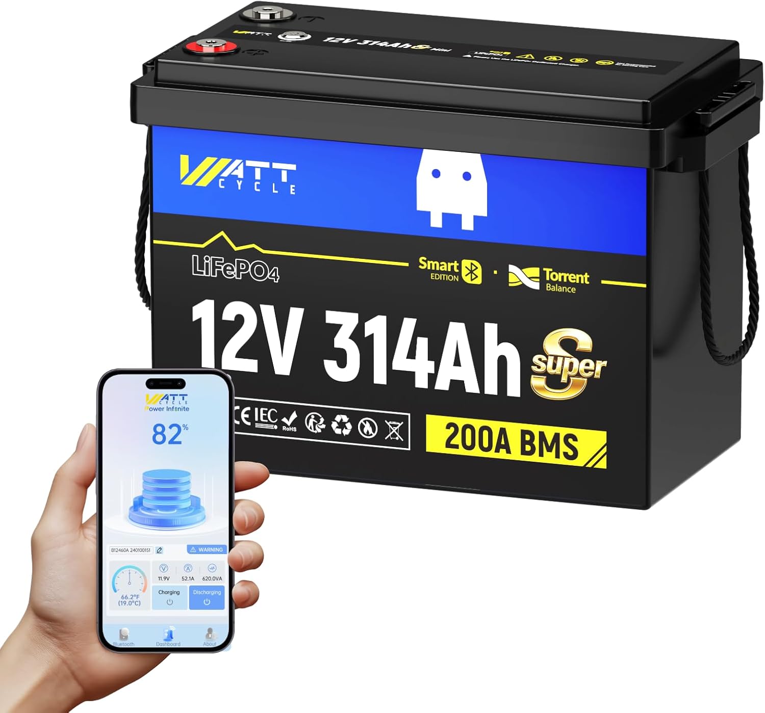 Wattcycle 12V 314Ah Mini LiFePO4 Battery, 12V Super Mini Lithium Batterys with Bluetooth, Built-in 200A BMS, 3A Active Balancer, 4-in-1 Smart Switch, 4.01kWh 6000+ Deep Cycles Battery for RV, Solar