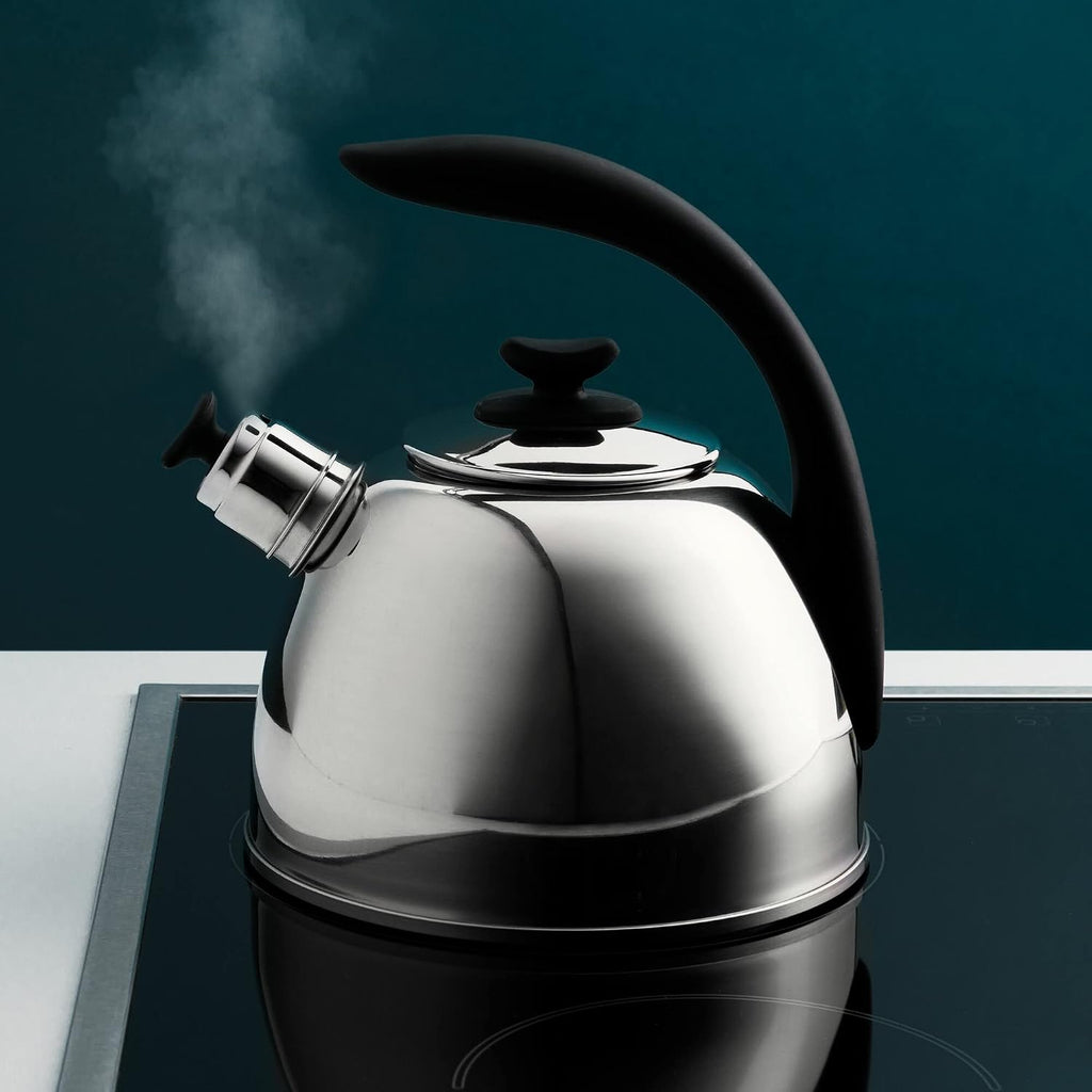 BergHOFF Essentials 18/10 Stainless Steel Whistling Kettle 2.6 qt. Silver Lucia Safe Grip Handle Simplifies filling and cleaning Induction cooktop compatible
