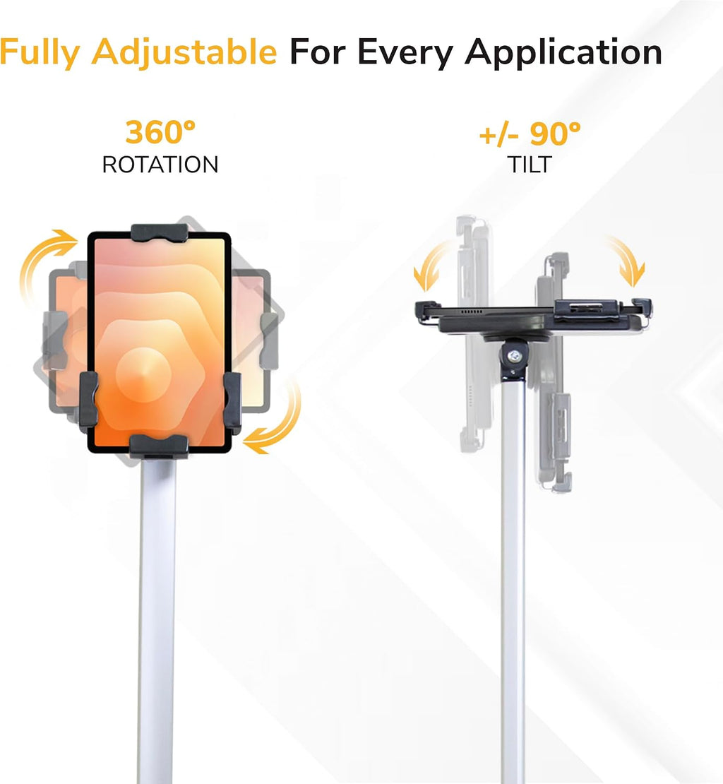 Mount-It! Anti-Theft Universal iPad & Samsung Tablet Floor Stand Kiosk, Locking Clamp, Height Adjustable 24.8'–42.5', 360° Rotating POS Kiosk for 7.9'–11' Tablets, Silver