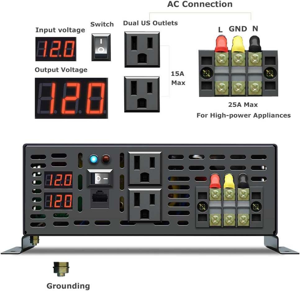 WZRELB 4000W 12VDC 120VAC Pure Sine Wave Power Inverter, 2 AC Outlets, Wired Remote Control, RV (RBP-400012WR)