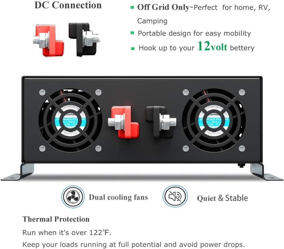 WZRELB 5000W 12VDC 120VAC Pure Sine Wave Power Inverter, 2 AC Outlets, Wired Remote Control, RV (RBP-500012WR)