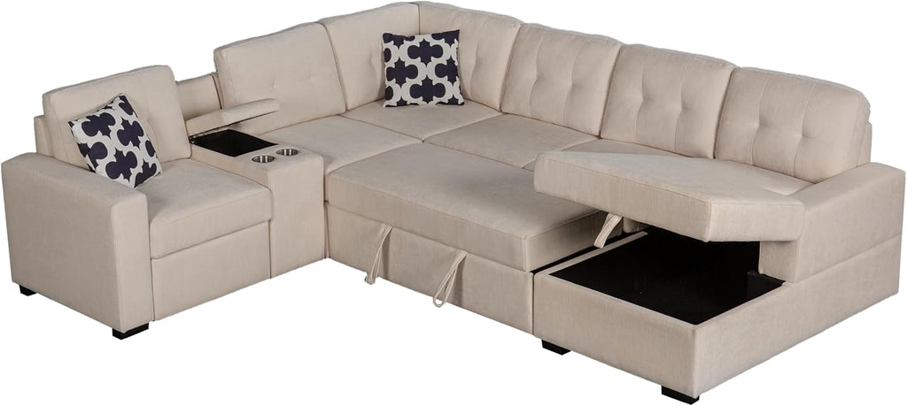 Ball & Cast L-Shape Convertible Sectional Sleeper Sofa Bed 2 in 1 Pull Out Couch with Storage Chaise & Cup Holders,6 Seat Chenille Upholstered Reversible Sleeper Corner Couch for Living Room,Beige