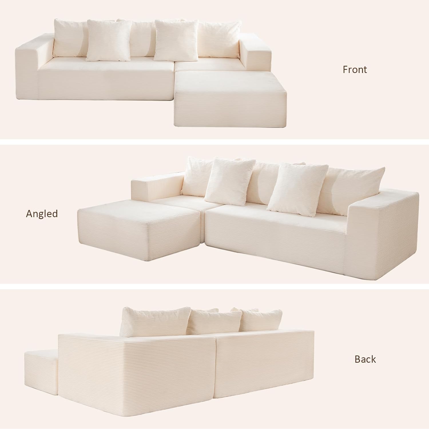 INGEROOM 108' Cloud Sectional Couch with L-Shape Chaise, Modular Sofa Memory Foam, Boneless Sofa with Movable Ottoman, Upholstered Couches for Living Room Bedroom, No Assembly Required, Beige