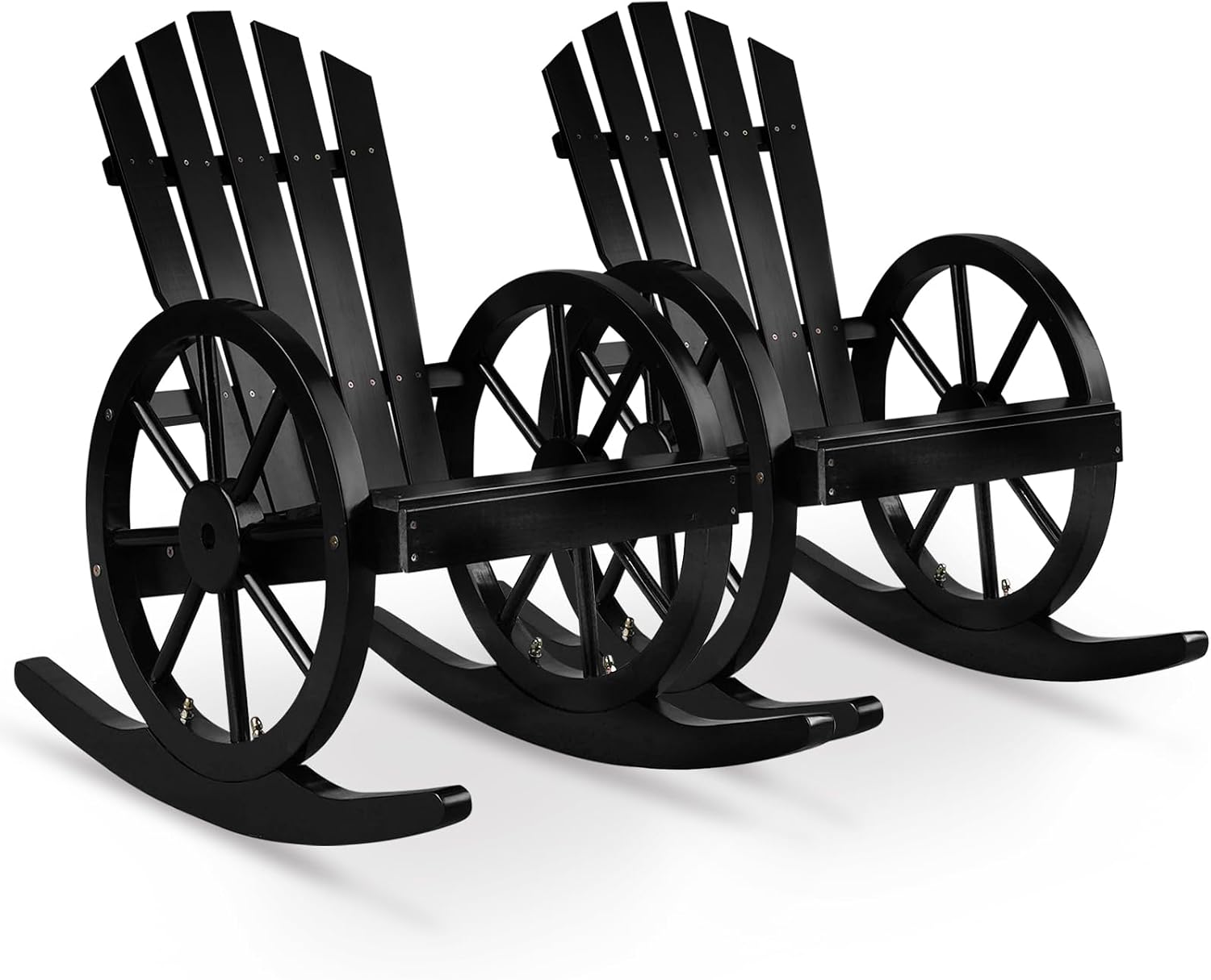 Outvita Adirondack Rocking Chair Set of 2, Wood Wagon Rocker, Outdoor Wooden Carbonized Lounge Chairs with Wheel Armrest for Garden Patio Country Porch(Black