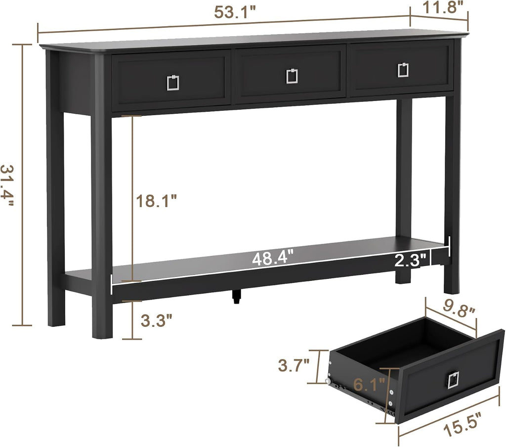 Treocho 53.1' Console Table with 3 Drawers, Modern Entryway Table, 2-Tier Narrow Long Sofa Table Behind Couch Table for Living Room, Hallway, Black