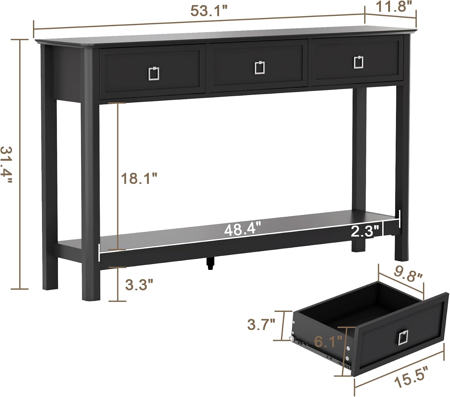 Treocho 53.1' Console Table with 3 Drawers, Modern Entryway Table, 2-Tier Narrow Long Sofa Table Behind Couch Table for Living Room, Hallway, Black