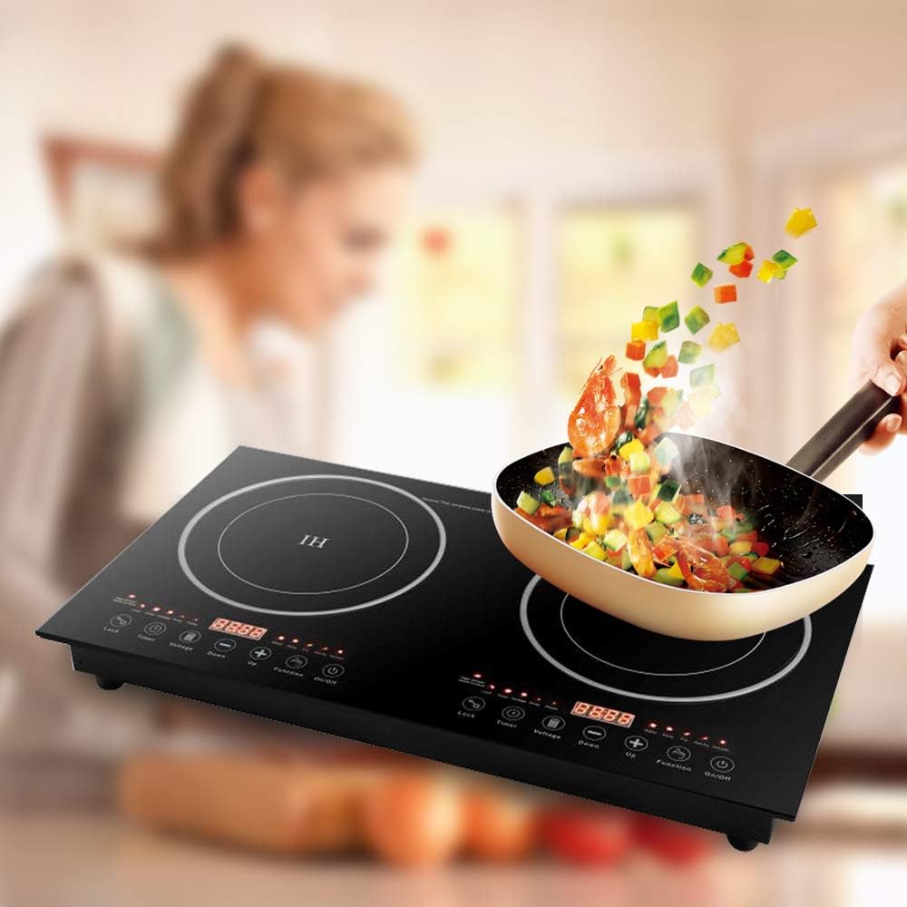 Electric Induction Dual Cooktop, Digital Kitchen Countertop Hot Plate Burners with Adjustable Temperature Black Crystal Panel 2200W