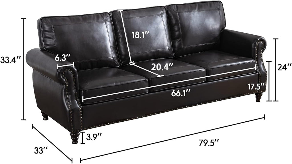 Kingfun Mid-Century Modern Couch, Faux Leather Sofa, 3 Seater Couch for Living Room with Rolled arms & Nailhead Trim, Black