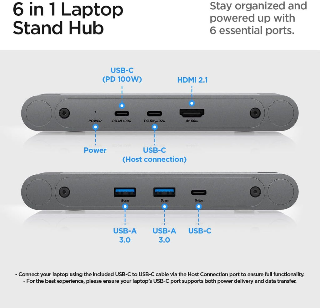 Spigen ArcDock Laptop Stand with 6 in 1 Hub USB-A 3.0, USB-C 3.0, PD 100W, 4K 60Hz HDMI Universal Adjustable Folding Laptop Dock with 360 Rotating Base - Space Grey