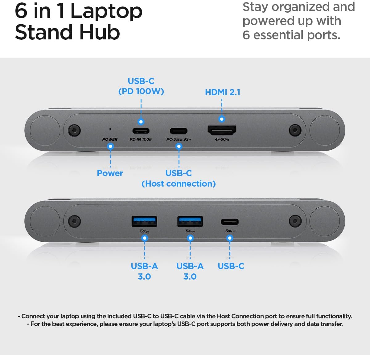 Spigen ArcDock Laptop Stand with 6 in 1 Hub USB-A 3.0, USB-C 3.0, PD 100W, 4K 60Hz HDMI Universal Adjustable Folding Laptop Dock with 360 Rotating Base - Space Grey