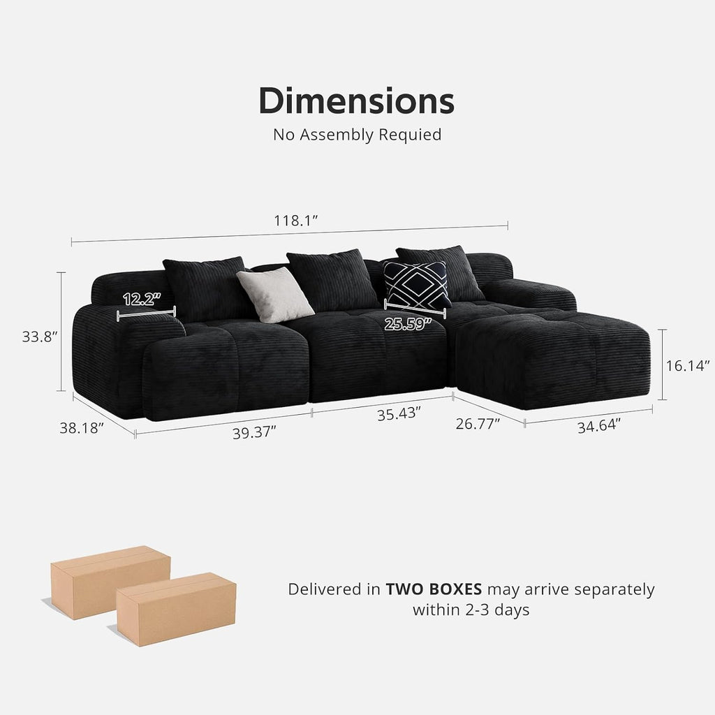 Modern L-Shaped Modular Sectional Sofa for Living Room，Oversized 3-Seater Couch with Deep Seat and Movable Ottoman – No Assembly,Comfortable Corduroy Fabric Boneless Sofa(Dark Gray) (Black)