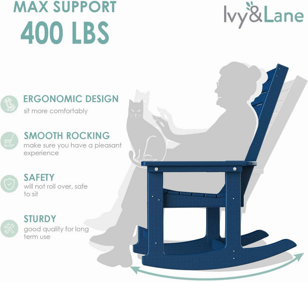 IVY&LANE Outdoor Rocking Chairs Set of 2 | Porch-Rockers | Blue | HDPE Plastic | All-Weather | High Back | Wide Seat | Oversized Patio Rocker for Adult | for Outside Deck Balcony Garden
