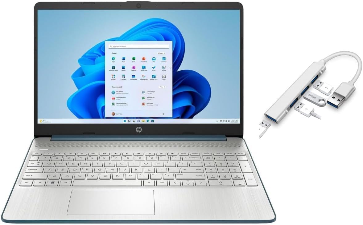 HP 15.6 inch Laptop | Intel Core i5-1235U Processor | Spruce Blue| 8GB RAM | 256GB SSD | Windows 11 Home | Bundle with USB 3.0 Hub
