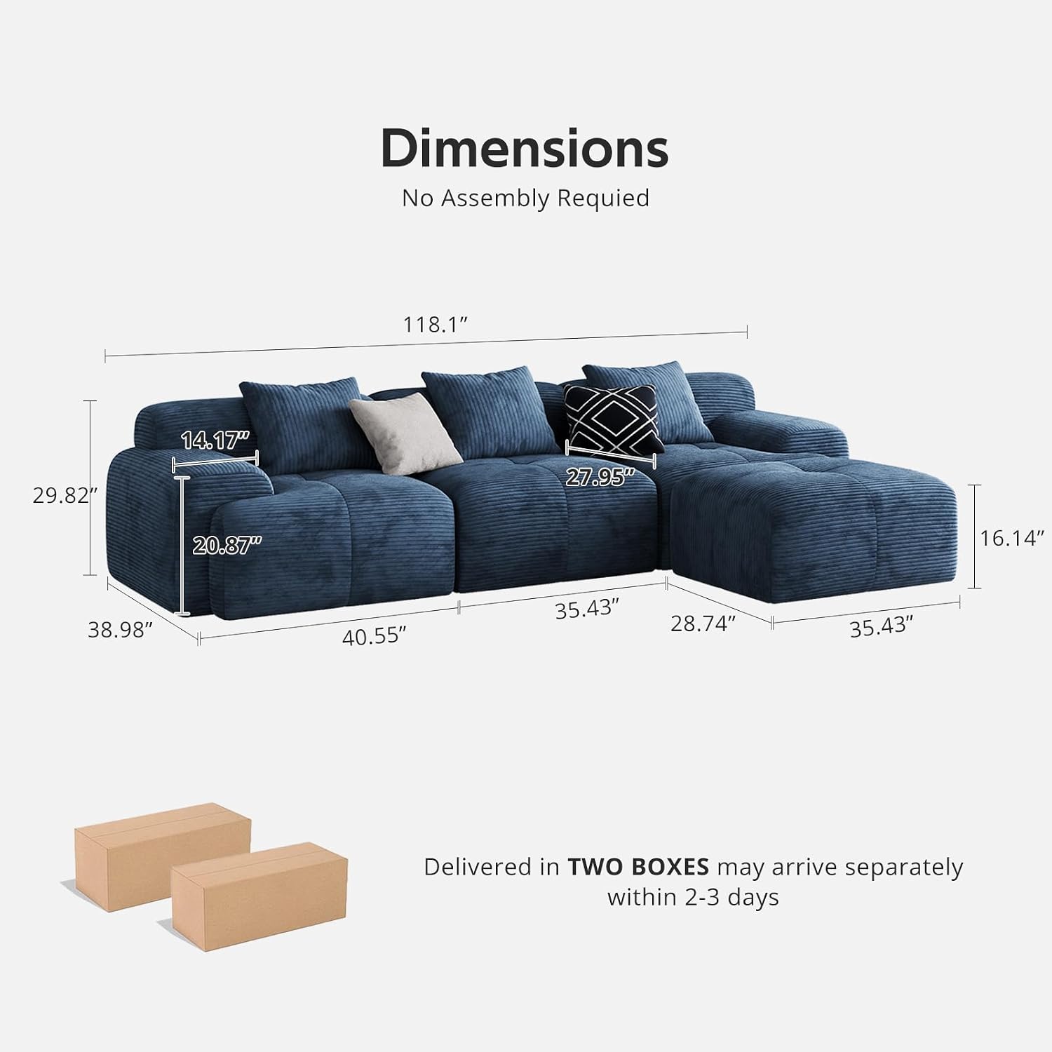 118'' Modern L-Shaped Modular Sectional Sofa for Living Room，Oversized 3-Seater Couch with Deep Seat and Movable Ottoman – No Assembly,Comfortable Corduroy Fabric Boneless Sofa