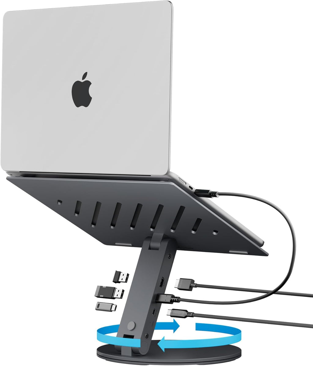 Spigen ArcDock Laptop Stand with 6 in 1 Hub USB-A 3.0, USB-C 3.0, PD 100W, 4K 60Hz HDMI Universal Adjustable Folding Laptop Dock with 360 Rotating Base - Space Grey