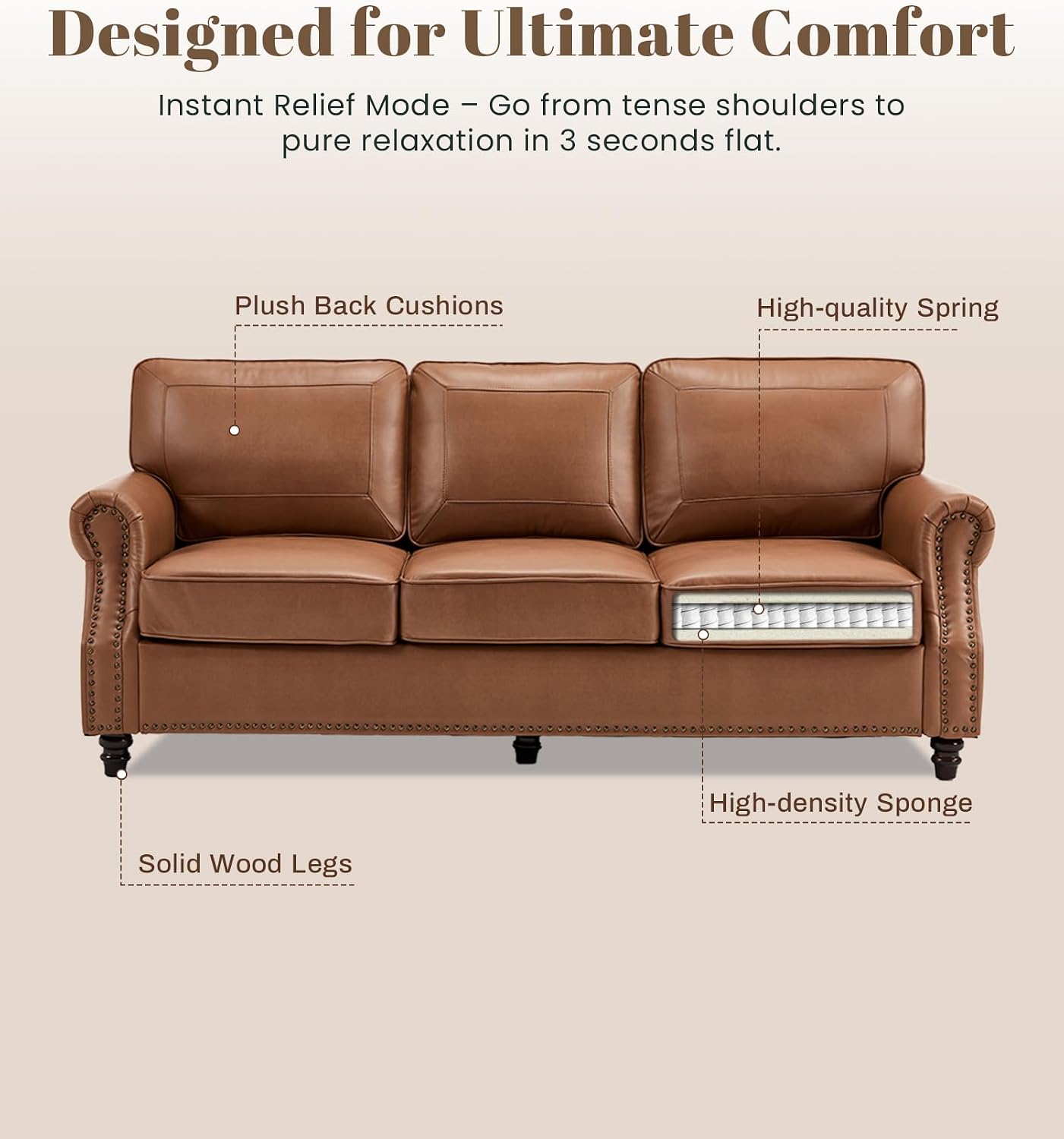 Kingfun Mid-Century Modern Couch, Faux Leather Sofa Set, 3 Seater Couch for Living Room with Rolled arms & Nailhead Trim,Brown