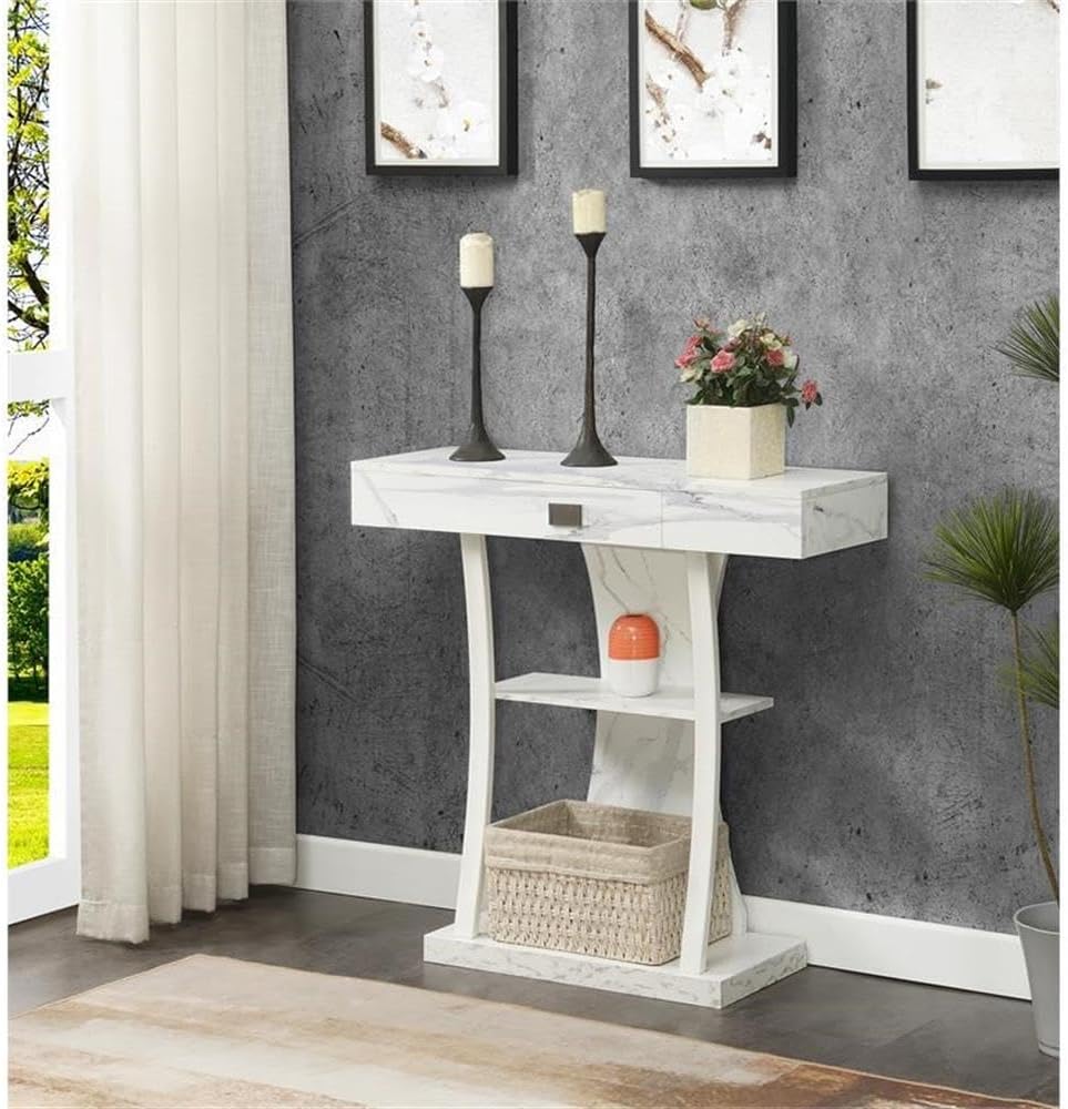 Convenience Concepts Newport Harri Console Table 36' - Modern Sofa Table with Storage Shelves, One Drawer Narrow Entryway Hall Table for Living Room, White Faux Marble/White