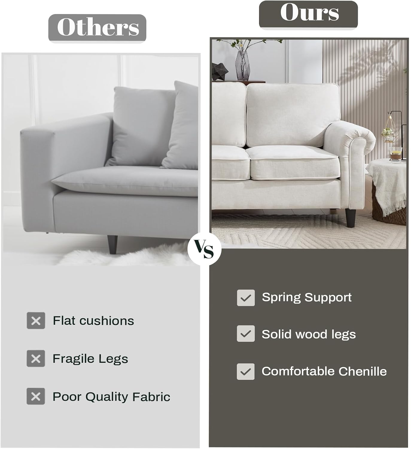 Kingfun 3 Seater Couch, Mid Century Modern Sofa Set with Rolled Arms and Deep Seats, Fluffy Comfort for Living Room, Apartment, Easy Assembly, Beige
